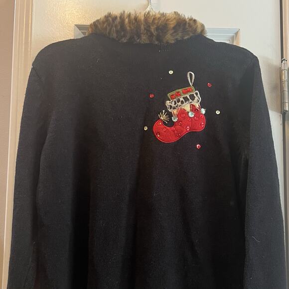 Womans "Ugly" Christmas Cardigan Sweater Faux Fur Collar - Med - Picture 5 of 15